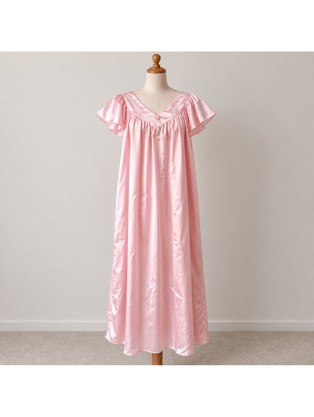Vintage Barbizon Pink Satin Nightgown Small Petite Long Gown Flutter Sleeve